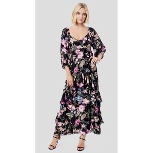 Jessica Simpson Damia Floral Balloon Sleeve Ruffle Tiered Maxi Dress Small NWT